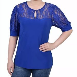 NWT NY Collection Puff Sleeve Lace Top Royal Blue XLP
